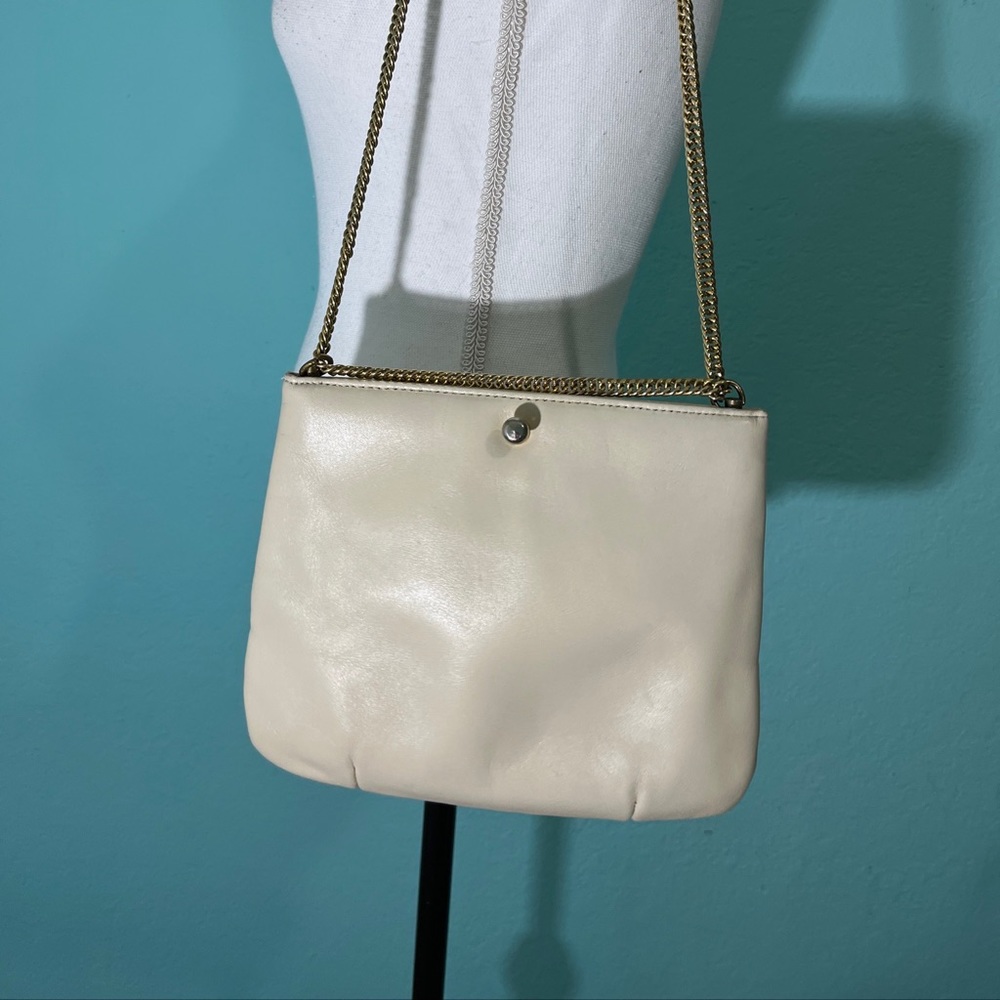 Vintage Ruth Saltz Cream Leather Gold Cougar Head Chain Strap Purse